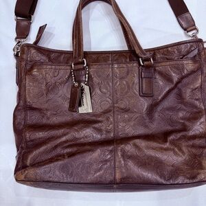 Vintage Coach 70253 Men's Embossed  Op Art Leather Business Tote Dark Brown